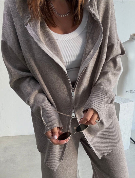 Soft Knit Zip-Up Hoodie & Wide-Leg Pants Lounge Set